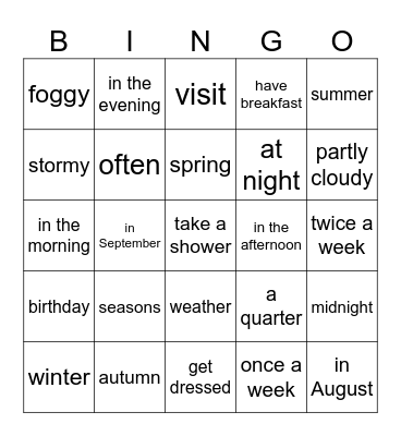Ritsu English Bingo Card