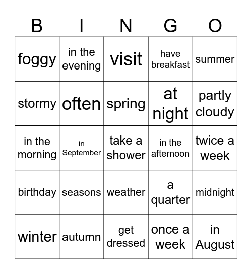 Ritsu English Bingo Card