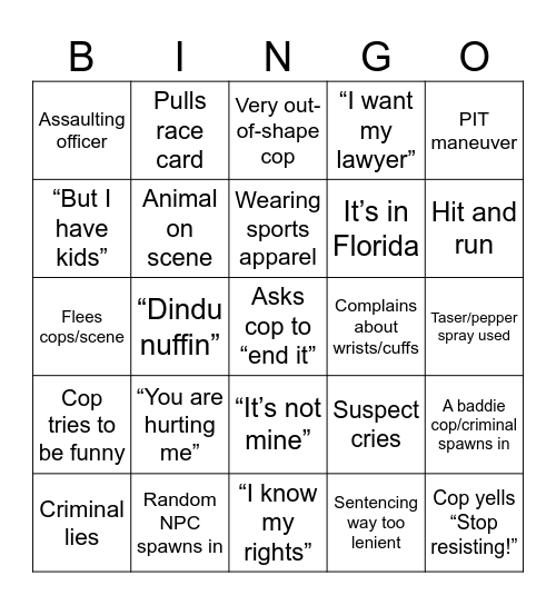 Cop Slop Bingo Card
