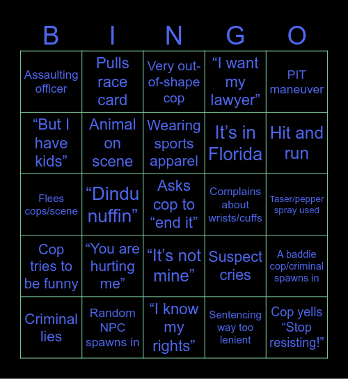 Cop Slop Bingo Card