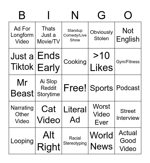Youtube Shorts Bingo Card