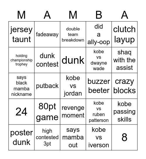 kobe moments Bingo Card