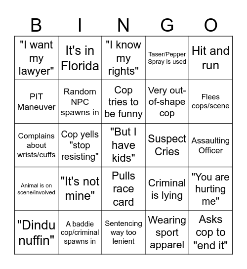 Cop Slop Bingo Card