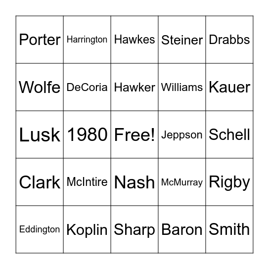 Class of 1980 Bingo Card