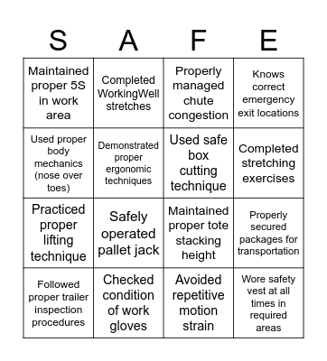 Safe to Go Bingo Card