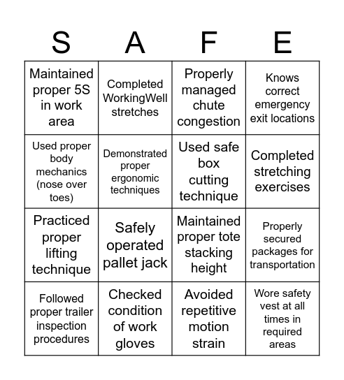 Safe to Go Bingo Card