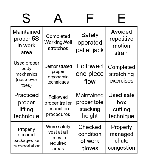 Safe to Go Bingo Card