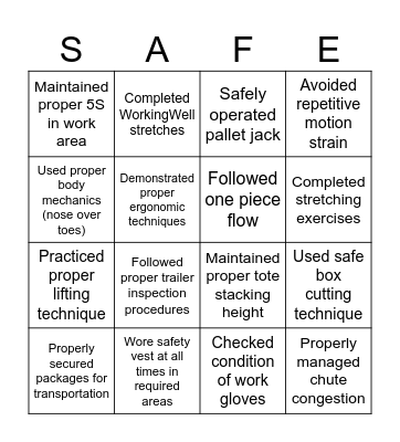 Safe to Go Bingo Card