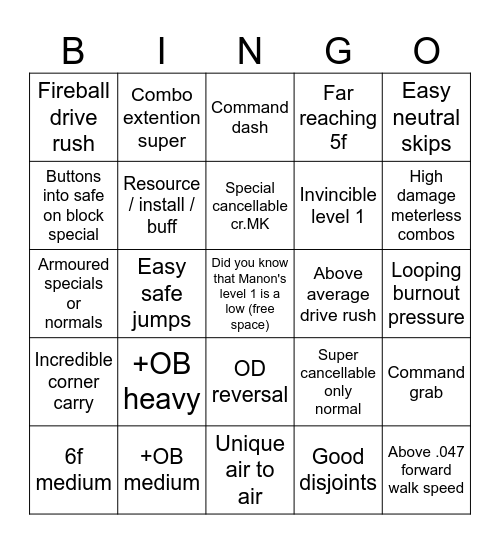 Street Fighter 6 Character Strengths Bingo Card