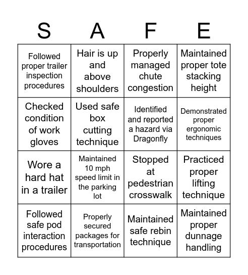Safe to Go Bingo Card