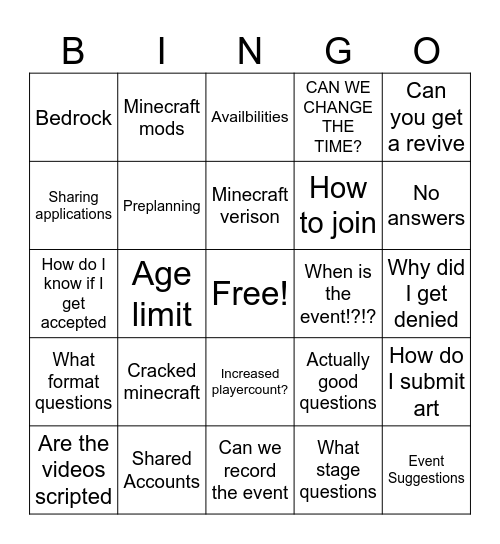 Question Bingo Card