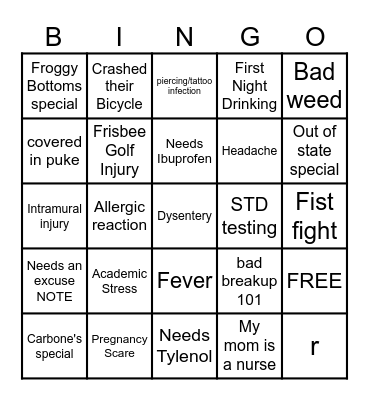 College Student Bingo Card