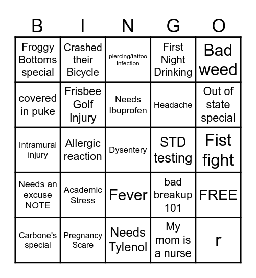 College Student Bingo Card