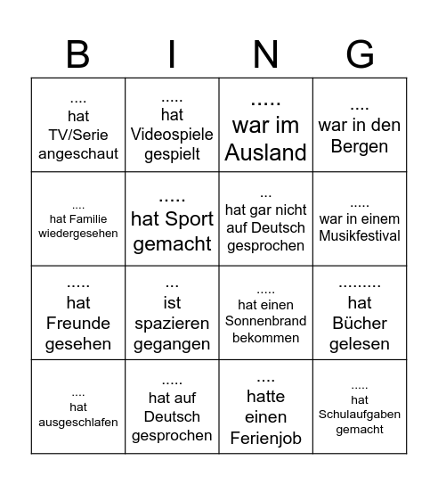 Sommerferien Bingo Card