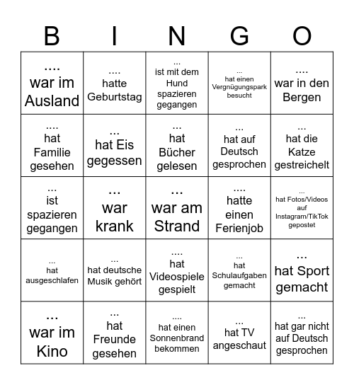 Meine Sommerferien Bingo Card
