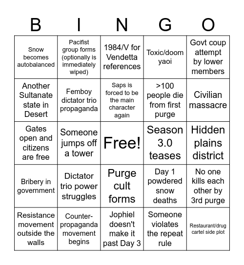 Ish State Season 2.7 Bingo Card