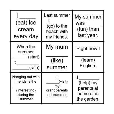 My Summer Bingo Card