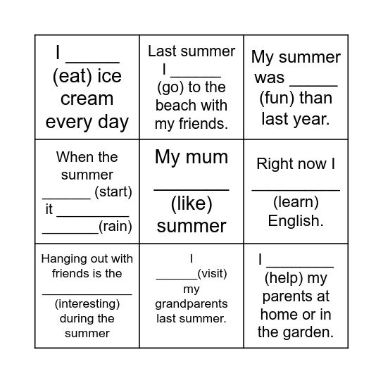 My Summer Bingo Card