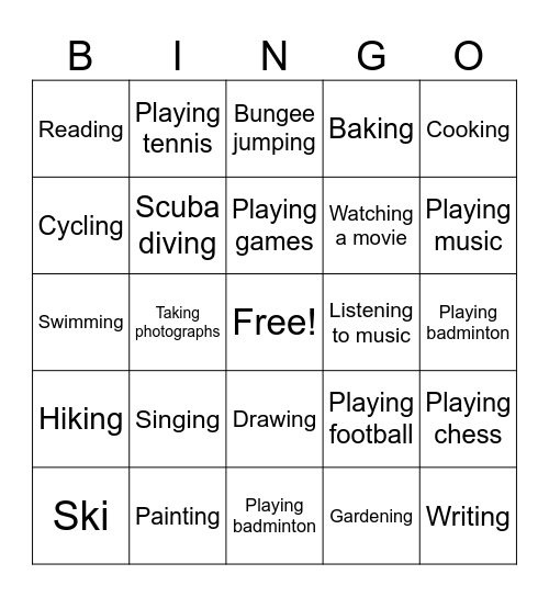 Hobbies Bingo Card