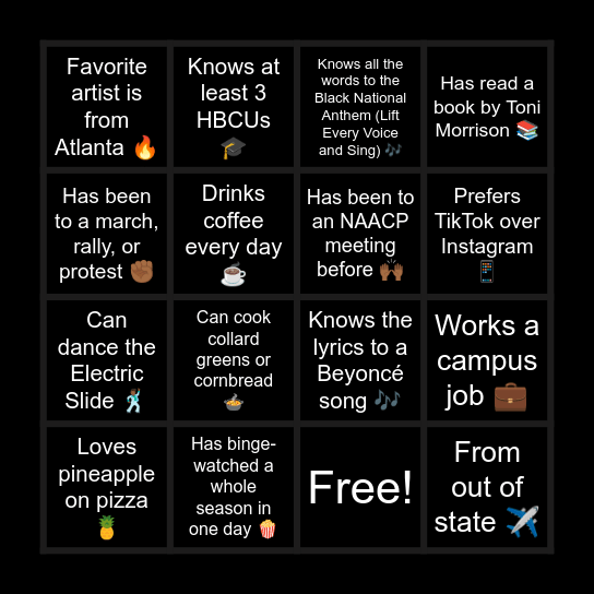 Human Bingo: Culture & Campus Edition Bingo Card