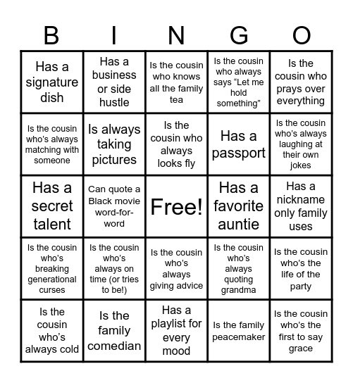 Cousin Bingo Card