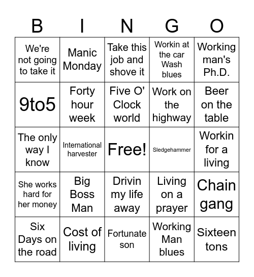 WORKING CLASS Bingo Card