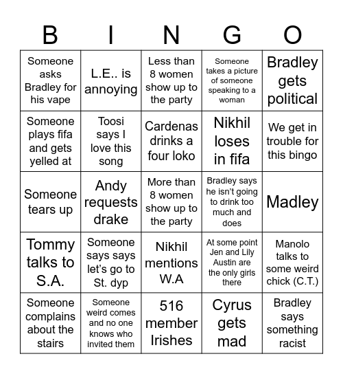 516 Last Party Bingo Card