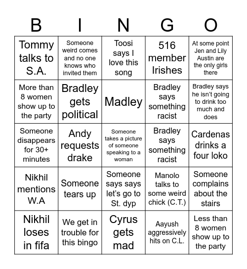 516 Last Party Bingo Card