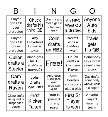 Draft Day Bingo Card