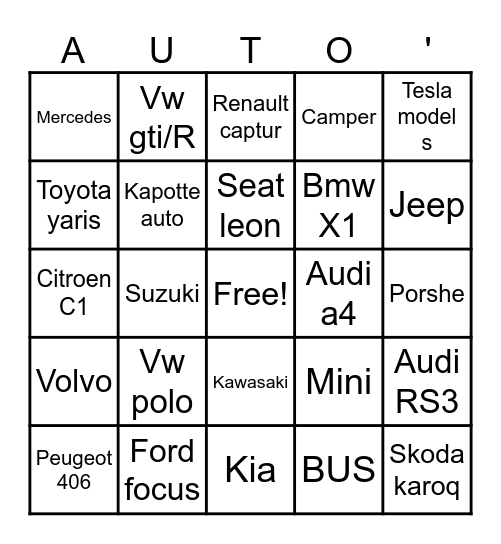 AUTO BINGO easy Bingo Card