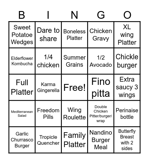 Nandos Bingo Card