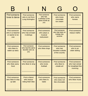 Find a Friend Bingo Card