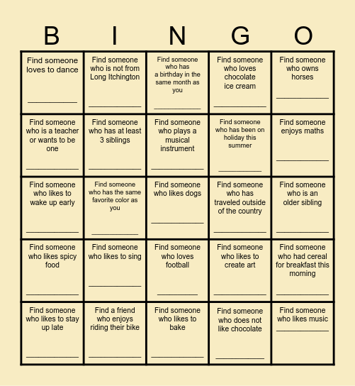 Find a Friend Bingo Card