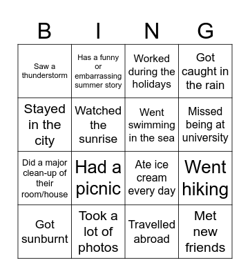 Summer Holidays Bingo Card