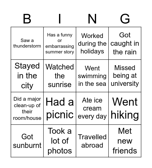 Summer Holidays Bingo Card