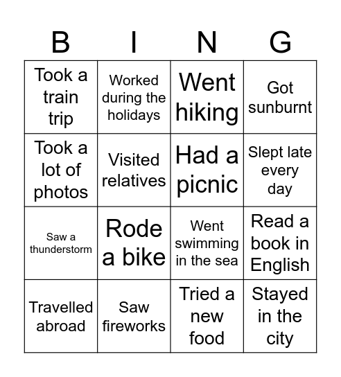 Summer Holidays Bingo Card