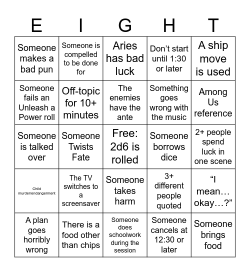 Rapscallion One-Shot Bingo Card