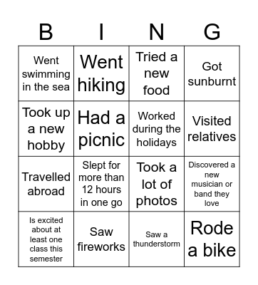 Summer Holidays Bingo Card