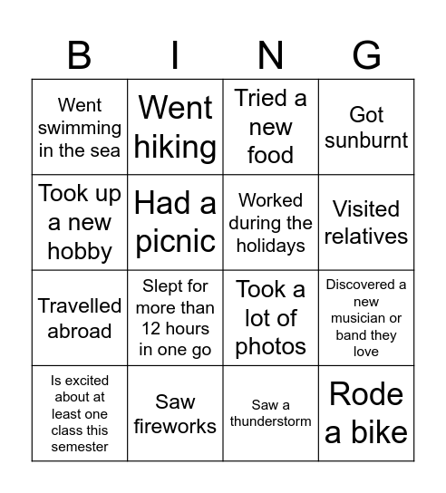 Summer Holidays Bingo Card