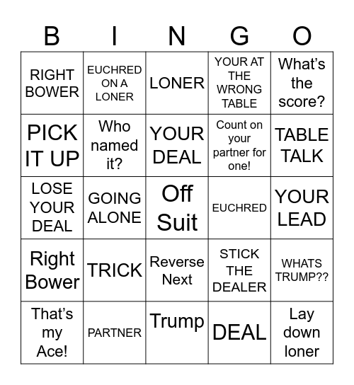euchre Bingo Card