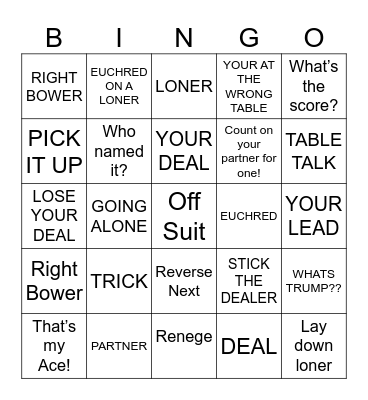 euchre Bingo Card