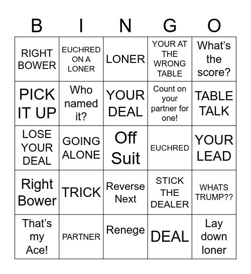 euchre Bingo Card