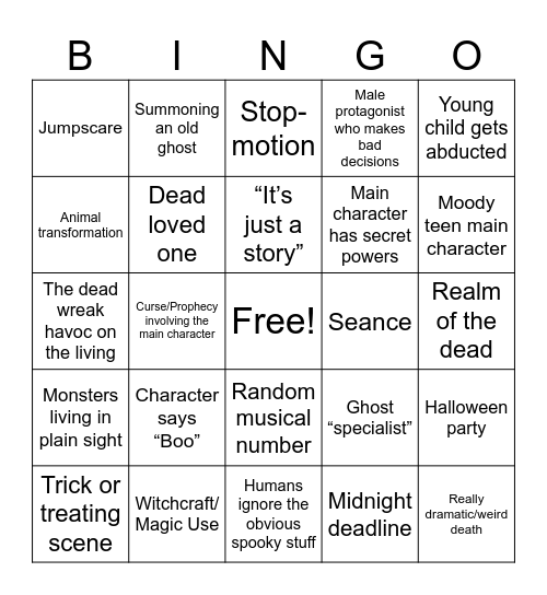 Halloween Movie Tropes Bingo Card