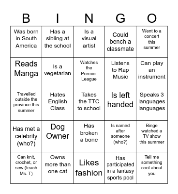 GET TO KNOW YA BINGO Card