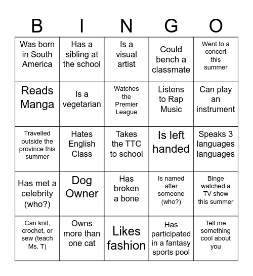 GET TO KNOW YA BINGO Card