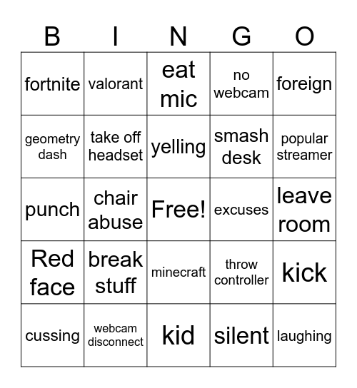 Gamer rage bingo Card