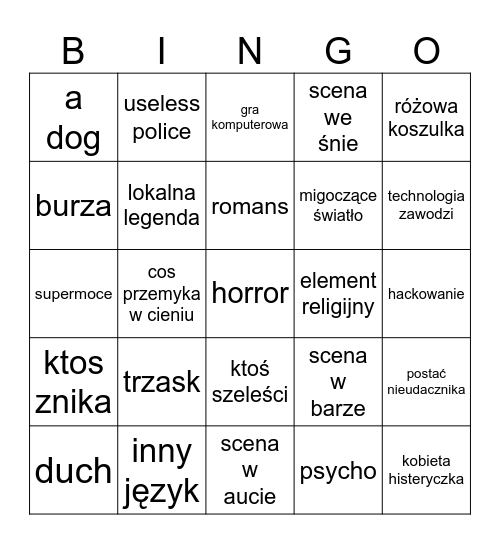 horror movie Bingo Card