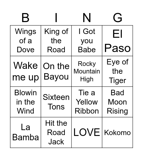 Name that Tune Bingo Card