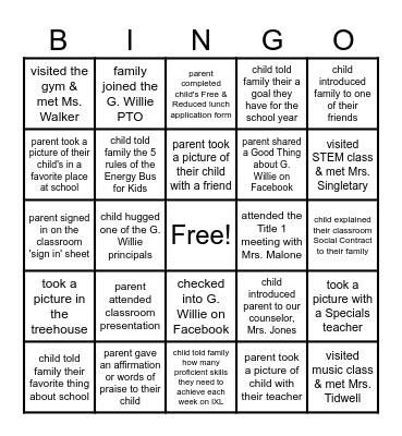 G. Willie Title 1/Open House BINGO Card