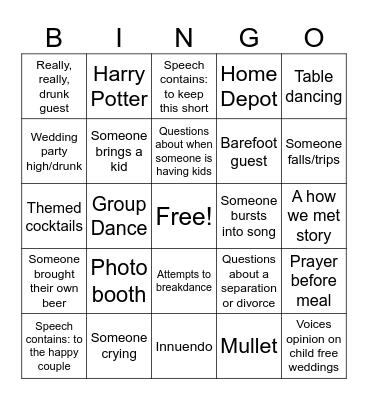 Wedding Bingo Card